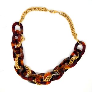 Faux Tortoiseshell Chunky Link Necklace Statement Gold Tone Chain